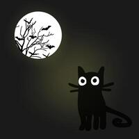 Halloween main tiré nuit vecteur Contexte avec marrant noir chat et brillant effrayant lune