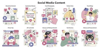 social médias contenu ensemble. plat vecteur illustration
