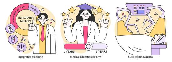 médical progrès trio ensemble. plat vecteur illustration.
