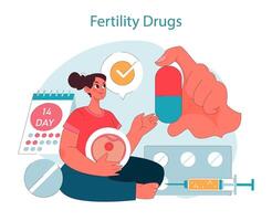 la fertilité drogues. femme en toute confiance prise la fertilité drogues, avec calendrier vecteur