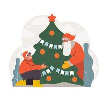 Noël fête. Père Noël claus et peu garçon à côté de une Noël arbre. vecteur