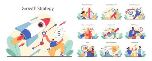 croissance stratégie ensemble. entrepreneurs conduire Succès via fusées, marché plongées, et stratégique outils. vecteur
