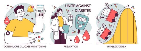 Diabète ensemble. mesure sucre du sang avec glucomètre. glucose surveillance vecteur