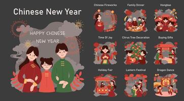 chinois Nouveau année tradition foncé ou nuit mode ensemble. de bonne humeur asiatique famille vecteur