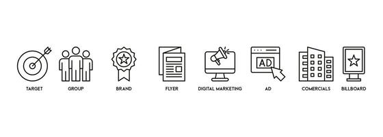 La publicité vecteur illustration concept avec Icônes de cible groupe marque prospectus numérique commercialisation publicités et panneau d'affichage