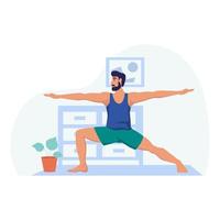 un jeune homme fait du yoga et se tient dans la pose d'un guerrier. sport à la maison, yoga, mode de vie sain. illustration vectorielle de dessin animé plat. vecteur