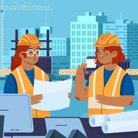 Travailleur de la construction féminin discuter ensemble du concept vecteur