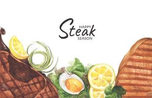 steaks de boeuf grillés et salade aux œufs durs. illustration à l'aquarelle. vecteur