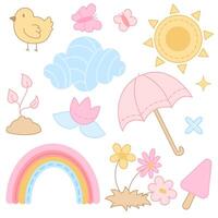 coloré vecteur ensemble avec Icônes sur le thème de printemps dans pastel couleurs. oiseau, fleurs, parapluie, soleil, des nuages, arc en ciel