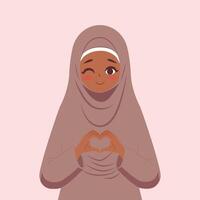 magnifique fille dans marron hijab. femmes dans islamique religieux Vêtements en forme de cœur avec tous les deux mains expressions. plat conception, affiche pour monde hijab journée. vecteur