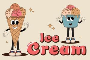 à la mode rétro affiche avec la glace crème mascotte. ancien dessin animé signe pour café publicité. vecteur illustration dans sensationnel style.