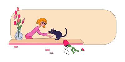 une Jeune femme choix en haut une chat de le rebord de fenêtre. le chaton chuté une fleur pot. plat vecteur illustration