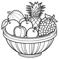 des fruits sur une panier coloration page, des fruits contour dessin coloration livre pages pour les enfants vecteur