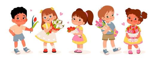 mignonne préscolaire les enfants avec bouquets de fleurs. plat vecteur illustration pour aux femmes journée ou de la mère journée