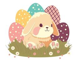 mignonne Pâques lapin avec un œuf. de fête printemps clipart ou autocollant. main tiré vecteur illustration.