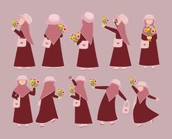 vecteur illustration ensemble de content musulman fille en portant fleurs dans nombreuses variations de pose. loisir et loisir concept.