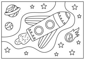 fusée dans espace coloration page pour enfant imprimable vecteur