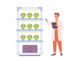 hydroponique La technologie pour les plantes croissance. verticale agriculture. scientifique ou biologiste grandit les plantes dans hydroponique cultiver. intelligent ferme vecteur