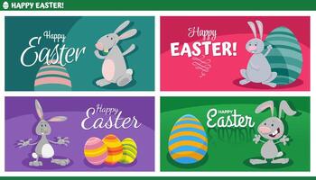 dessin animé Pâques lapins avec peint des œufs salutation cartes ensemble vecteur