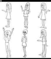 dessin animé Jeune femme marrant personnages ensemble coloration page vecteur