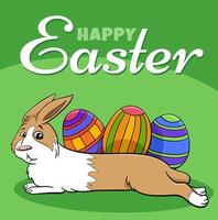 dessin animé Pâques lapin avec Trois coloré des œufs salutation carte vecteur