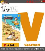 lettre v de alphabet avec dessin animé illustration de vacances phrase vecteur