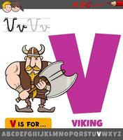 lettre v de alphabet avec viking personnage vecteur