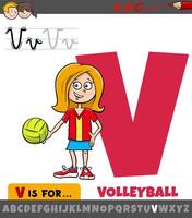 lettre v de alphabet avec dessin animé illustration de volley-ball sport vecteur