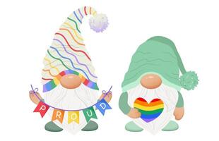 mignonne gay couple gnomes avec une guirlande. fierté mois gnome. lgbt gnome. née cette façon vecteur