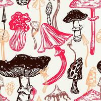 champignons sans couture modèle. ornement de varié toxique champignons. vecteur illustration dans rétro gravure style. abstrait conception pour fond d'écran, décor, envelopper, arrière-plan, textile.