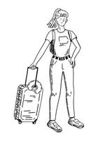 voyageur esquisser, touristique clipart. griffonnage de femme avec valise. main tiré vecteur illustration dans gravure style.