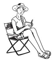 campeur esquisser, touristique clipart. griffonnage de une fille lit une livre sur une pliant chaise. main tiré vecteur illustration dans gravure style.