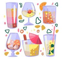 brillant des cocktails ensemble. main tiré vecteur illustrations. coloré cliparts collection dans dessin animé style. breuvages dans lunettes. abstrait éléments pour été conception, imprimer, emballage, décor, carte, autocollants.