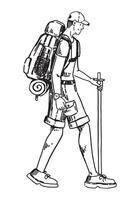 voyageur esquisser, touristique clipart. griffonnage de homme en marchant avec une sac à dos. main tiré vecteur illustration dans gravure style.