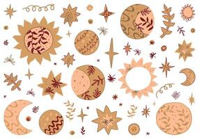 abstrait céleste collection. agrafe art ensemble de étoiles, lune, soleil, botanique éléments isolé sur blanc Contexte. vecteur