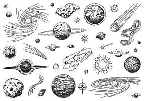 cosmique espace griffonnages ensemble. contour dessins de planètes, étoiles, comètes, astéroïdes, galaxies. astronomie science croquis. main tiré vecteur illustration isolé sur blanche.