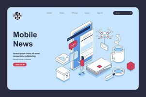 mobile nouvelles concept dans 3d isométrique conception pour atterrissage page modèle. gens recevoir Nouveau correspondance notification, en train de lire rupture nouvelles ou des articles à en ligne presse. vecteur illustration pour la toile