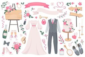 mariage objets méga ensemble dans graphique plat conception. paquet éléments de la mariée robe, jeune marié costume, vide rubans, fleurs bouquet, Champagne, lunettes, anneaux, autre. vecteur illustration isolé autocollants