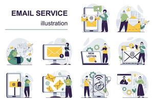 email un service concept avec personnage situations méga ensemble. paquet de scènes gens recevoir et Envoi en cours des lettres, en utilisant courrier applications et correspondance livraison. vecteur des illustrations dans plat la toile conception