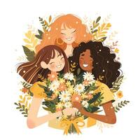Trois mignonne les filles copains avec une énorme bouquet de fleurs. vacances carte dans plat vecteur style.