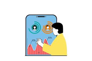 numérique commercialisation concept avec gens scène dans plat la toile conception. homme en cours d'analyse Ventes statistiques dans mobile app et fait du publicité. vecteur illustration pour social médias bannière, commercialisation matériel.