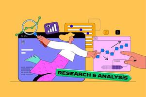 recherche et une analyse la toile concept avec personnage scène. femme avoir et En traitement données, fabrication résultat la revue dans rapport. gens situation dans plat conception. vecteur illustration pour commercialisation matériel.