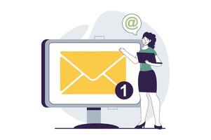 email un service concept avec gens scène dans plat conception pour la toile. femme reçoit notification à propos Nouveau entrant lettre à ordinateur. vecteur illustration pour social médias bannière, commercialisation matériel.