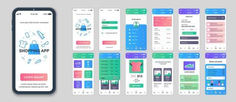 achats mobile app écrans ensemble pour la toile modèles. pack de profil connexion, en ligne achats, remise prix ventes, produit notation. interface utilisateur, ux, gui utilisateur interface trousse pour téléphone portable mises en page. vecteur conception