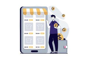 mobile Commerce concept avec gens scène dans plat conception pour la toile. homme choisir des biens et fabrication achats avec bonne affaire remise des prix. vecteur illustration pour social médias bannière, commercialisation matériel.