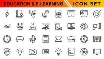 éducation et e-learning icône ensemble. en ligne éducation icône ensemble. mince ligne Icônes ensemble. distance apprentissage. contenant vidéo frais de scolarité, e-learning, en ligne cours, l'audio cours, éducatif site Internet vecteur