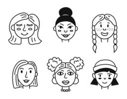 ensemble de gens avatars. griffonnage portraits femmes et filles. dessiné à la main vecteur illustration isolé sur blanc Contexte.