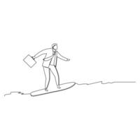 Célibataire ligne dessin de une homme d'affaire en portant mallette équitation une surfant planche sur une vague. affaires manœuvre pour rentabilité concept. continu ligne dessiner conception graphique vecteur illustration