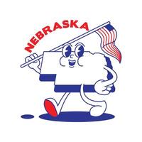 Nebraska Etat rétro mascotte avec main et pied agrafe art. Etats-Unis carte rétro dessin animé autocollants avec marrant bande dessinée personnages et ganté mains. vecteur modèle pour site Internet, conception, couverture, infographies.