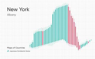 Nouveau york carte est montré dans une graphique avec bars et lignes. Japonais chandelier graphique séries vecteur